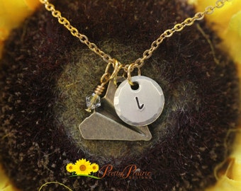 Bronze Paper Plane Initial Necklace, Flight Attendant Gift, Personalized Paper Airplane Jewelry, Hand Stamped Disc