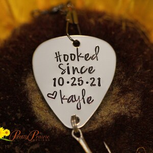 Hooked Since Fishing Lure, Custom Made Lure, Fishing Gifts, Anniversary, Valentine Gift, Hand Stamped Hook, Dated Lure, Personalized Lure