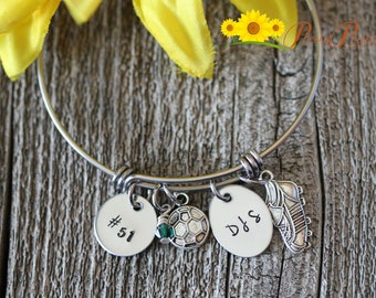Initial Soccer Bangle, Soccer Mom Gift, Soccer Girlfriend, Sports Jewelry, Custom Charm Bangle, Soccer Bracelet, Personalized, Hand Stamped