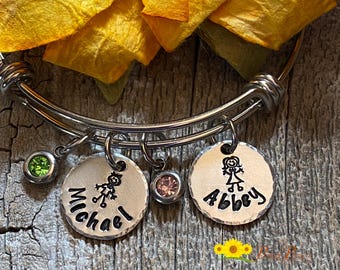 Stick Figure Bangle, Family Charm Bracelet, Gift for Grandmothers, Mother's Day Bracelet, Personalized Birthstone Bangle, Pet Owner Jewelry