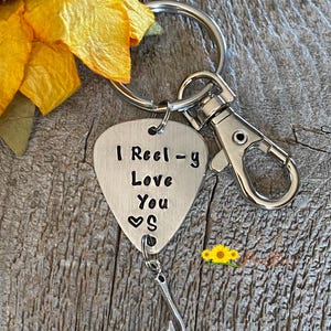 I Reel-y Love You Fishing Keychain, Custom Fishing Gift, Hand Stamped Gift for Fisherman, Valentine Lure Keychain, Funny Angler Gift