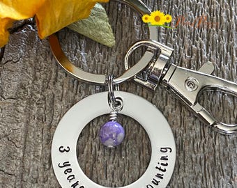 And Counting Anniversary Keychain, Hand Stamped Anniversary Gift, Washer Keyring, Sobriety Token