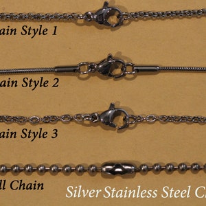 May include: Four different styles of silver stainless steel chains, including a ball chain, a chain style 1, a chain style 2, and a chain style 3.