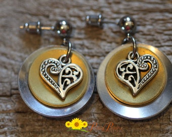Silver and Gold Heart Earrings, Heart Hanging Earrings, Mixed Metal Jewelry, Dangle Bohemian Earrings, Gift for Her, Disc Jewelry