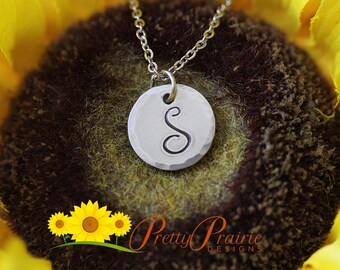 Round Initial Necklace, Silver, Gold, Copper, Single Initial, Personalized Jewelry, Monogram, Hand Stamped Necklace, Anniversary Present