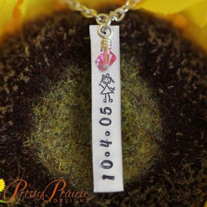 Stick Figure Adoption Necklace, Gotcha Jewelry, Birthday Gift, Children&#39;s Necklace, Mother&#39;s Day, Grandma Gift, Special Date, Hand Stamped