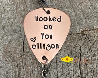 Hooked on You Lure, Custom Lure, Fishing Gift, Valentine for Fisherman, Wedding Gift, Hand Stamped, Metal Fish Hook, Personalized Lure
