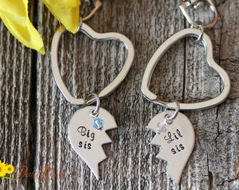 Big Sis Lil Sis Keychain, Puzzle Heart Gift, Matching Keychain, Personalized Birthstone Charm, Hand Stamped, Sister Gift, Gift for Daughters