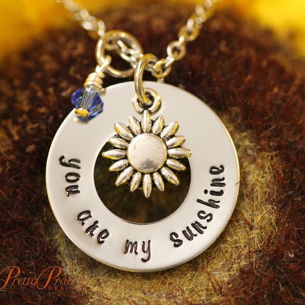 You are My Sunshine, Small Washer Necklace, Hand Stamped, Sunflower Charm, Daughter Necklace, Sunshine Necklace, Girlfriend Gift, Wife Gift