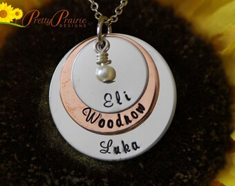 Triple Stacked Disc Necklace, Mixed Metal, Personalized Jewelry, Mother's Day Gift, Children's Names, Family Members Necklace, Triple Disc