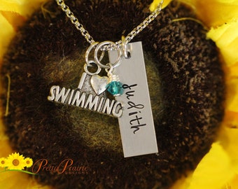 I Love Swimming Necklace, Swim Keychain, Personalized Swim Jewelry, Swimmer Gift, Swim Bag Tag, Swim Team Gift, Swimming Present, Swim Gift