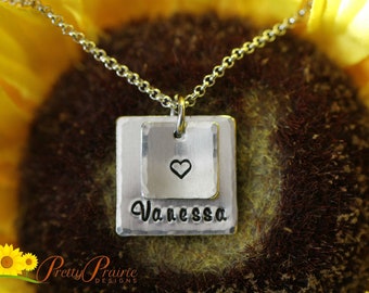 My Heart Square Necklace, Metal Jewelry, Personalized Child's or Boyfriend's Name, Hand Stamped, Birthday for Little Girls, Teen Gift
