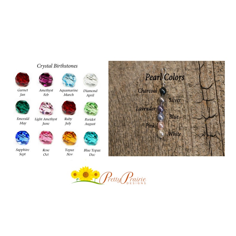 May include: A chart showing crystal birthstones for each month of the year, with a corresponding color for each stone. The chart also shows a string of pearls in different colors, including charcoal, silver, lavender, blue, pink, and white.