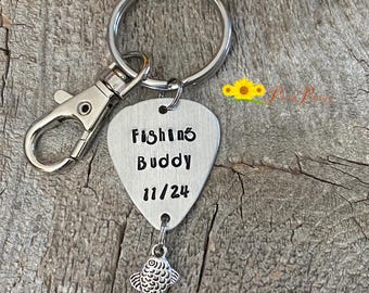 Fishing Buddy Keychain, Fishing Gift, New Baby Reveal, Hand Stamped Keychain, Father's Day, Angler Gift, Pregnancy Reveal, Fishing Dad Gift
