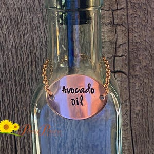 Copper Oil Dispenser Label, Olive Oil, Hand Stamped, Bottle Label, Metal Tag, Farmhouse Style Label, Dressing Label, Cook Gift, Housewarming