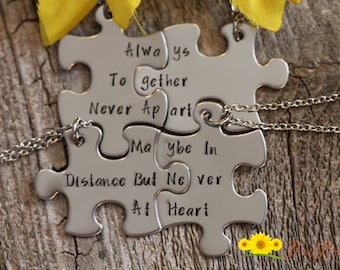 Always Together Puzzle Piece Set, Hand Stamped Puzzle Necklace Set, BFF Jewelry, Family Keychains