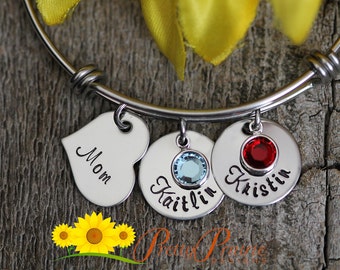 Mother's Personalized Birthstone Bangle, Hand Stamped, Stainless Steel, Name Bracelet, Mothers Jewelry, Kid's Name Bangle Bracelet