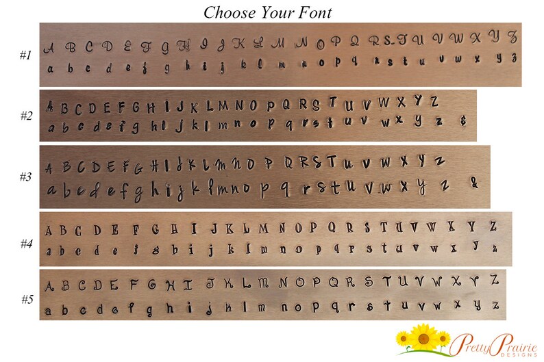 May include: Five different font styles are shown in uppercase and lowercase letters. The fonts are displayed on a brown background. The text "Choose Your Font" is at the top of the image.