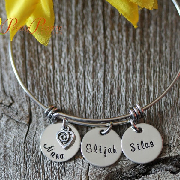 Grandmother Bangle, Hand Stamped, Personalized, Silver Bangle Bracelet, Grandchildren Names, Initials, Heart Charm, New Grandmother Gift