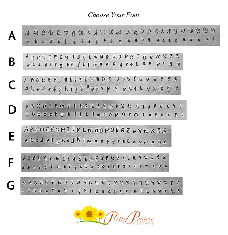 May include: A graphic showing seven different font styles for lettering. Each style is labeled with a letter from A to G. The letters of the alphabet are shown in both uppercase and lowercase for each font style. The text "Choose Your Font" is at the top of the graphic.