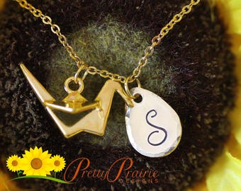 Large Paper Crane Necklace, Gold Crane Jewelry, Origami Paper Crane, Gold Crane Initial Necklace, Friendship Gift, Personalized Crane Gift