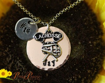 Lacrosse Mom Necklace, Personalized, Jersey Number, Girl's Lacrosse Jewelry, Girlfriend Gift, Lacrosse Team Gift, Copper, Brass, Silver