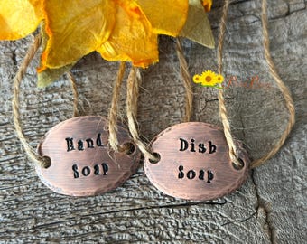 Antiqued Soap Labels, Hammered Kitchen Dispenser Tags , Custom Bathroom Bottle Organizers, Hand Stamped Rustic Bath Decor
