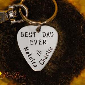 Best Dad Ever Guitar Pick Keychain, Hand Stamped, Music Lovers Gift, Personalized, Father&#39;s Day, Guitar Player Gift, Dad&#39;s Gift from Kids