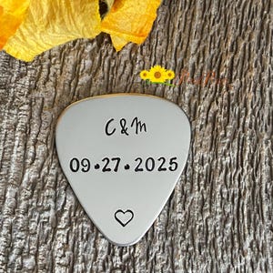 Initial and Date Guitar Pick, Hand Stamped Anniversary for Musician, Retirement Gift, Personalized Metal Pick