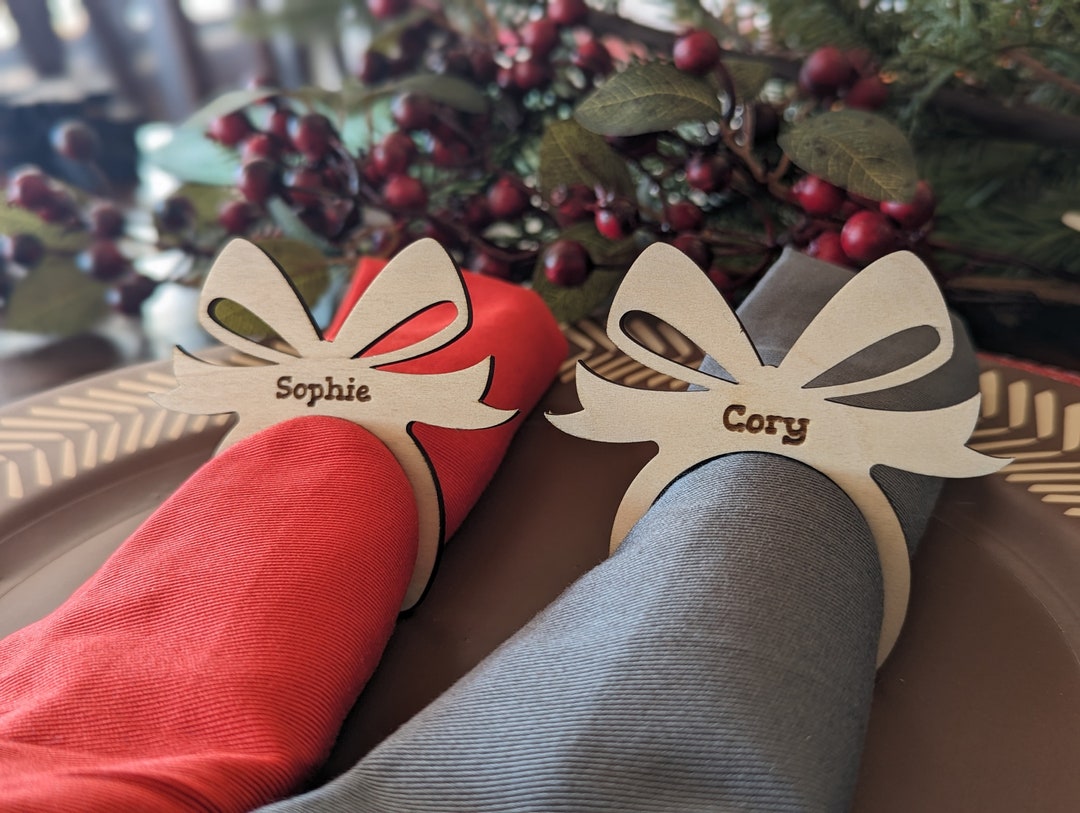 Personalized Gift Bow Napkin Ring Engraved Christmas Napkin Ring Wood