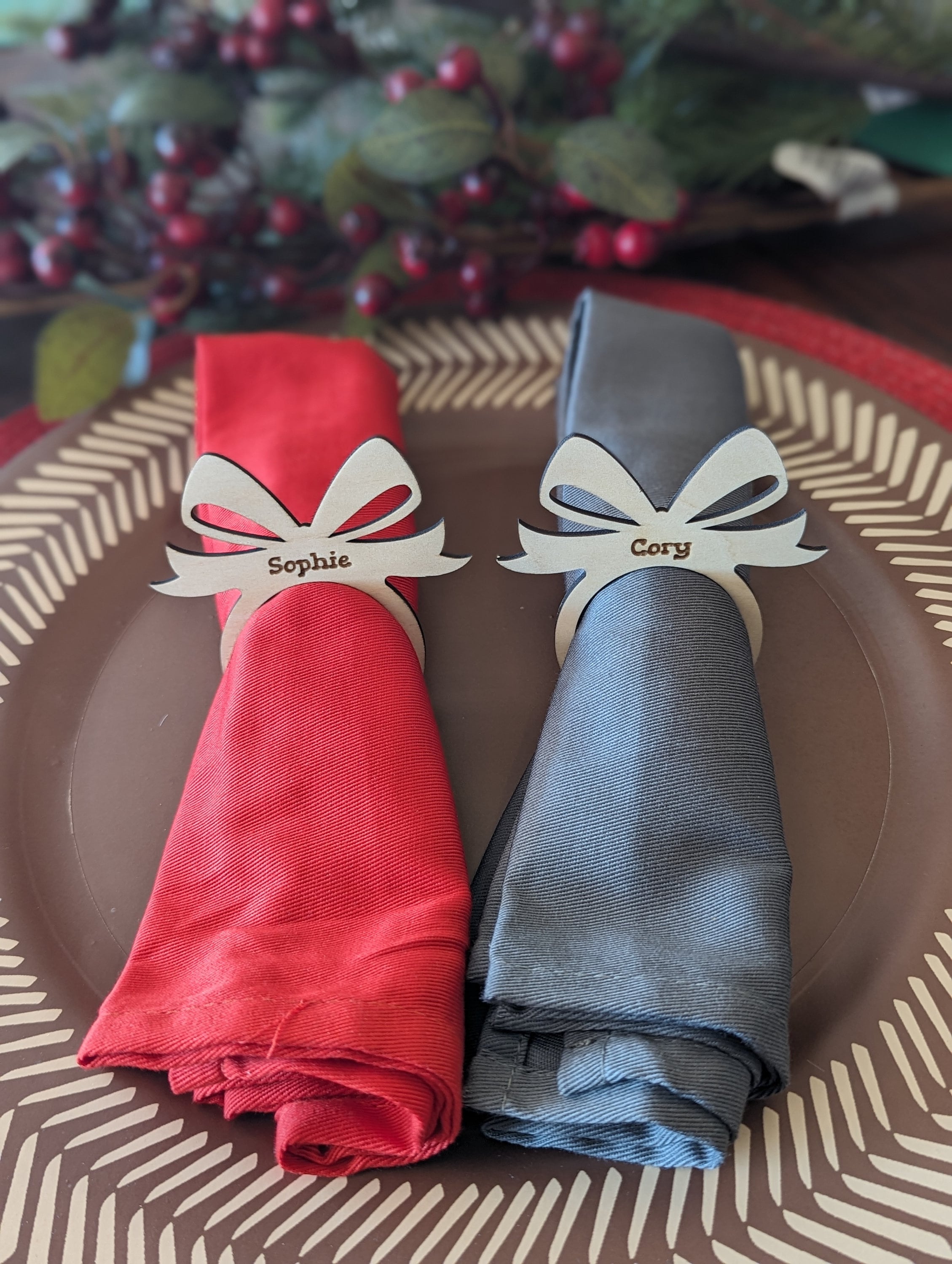 Personalized Gift Bow Napkin Ring Engraved Christmas Napkin Ring Wood