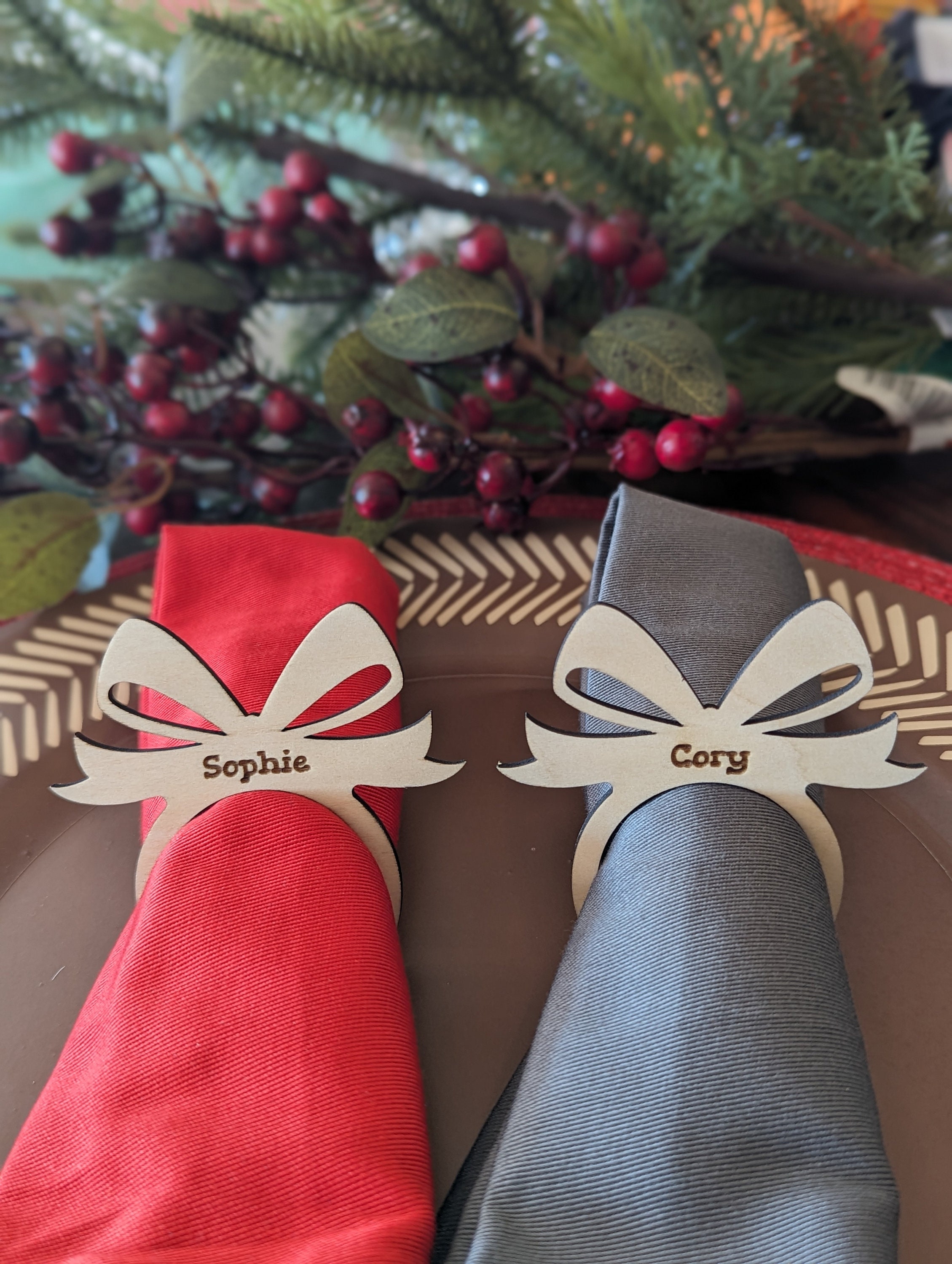 Personalized Gift Bow Napkin Ring Engraved Christmas Napkin Ring Wood