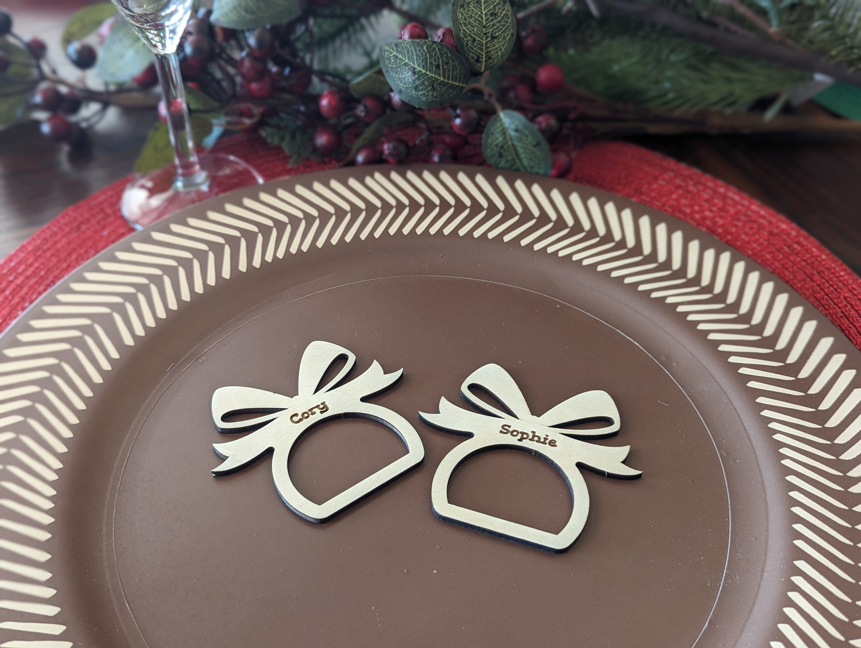 Personalized Gift Bow Napkin Ring Engraved Christmas Napkin Ring Wood