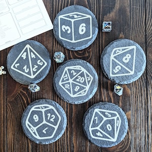 Dungeons and Dragons Dice Slate Coasters - Set of (6) - 4&quot; Round - Engraved W/ D20, D12, D10, D8, D6, D4 Role Playing Dice - Gamer Gift Idea