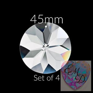 May include: A clear, circular, faceted crystal pendant measuring 45mm in diameter with a small hole at the top. The text 45mm and Set of 4 is visible. A smaller, heart-shaped, iridescent crystal with the letters EMD is also shown.