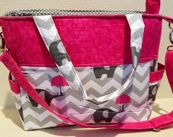 Raining Elephants Grey/Pink/White Chevron/polka dot  Diaper Bag, Tote