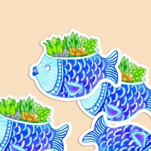 Blue Fish Planter Sticker - Decal, Plants , Love , Green Thumb , Ocean , Cute , Funny , Gift