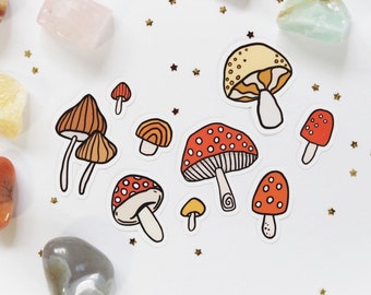 Pack of 9 Mini Mushroom Vinyl Stickers - Decals ,  For Journaling , Scrapbooking , Bullet Journals , Waterproof , Laptop , Water Bottle