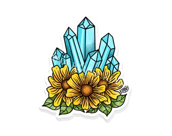 Sunflower Crystal Sticker - Decal  / Blue / Flowers / Plants / Hippy Hippie / Yellow / Blue / Waterproof / Laptop / Water Bottle / Gift