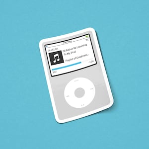 May include: A white iPod with a black and white screen displaying the song "I'd Rather Be Listening To My iPod" from the playlist "Playlist of Greatness..." The screen also shows the song's progress bar, the song's time, and the total number of songs in the playlist.