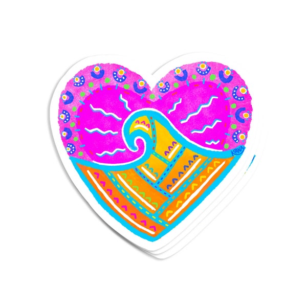 Colorful Wave Heart Sticker - Decal , Ocean , Love , Gift , Water Proof , Surf , Hawaii