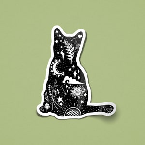 Gato Negro / Pegatina / Vinilo / Botella / Diario / Portátil / Mágico / Tierra - Magia - Estrellas - Galaxia - Sol - Luna - Naturaleza