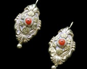 Antique Victorian Earrings 14k Gold Coral Repousse Foliage Scrolls ( 6548)