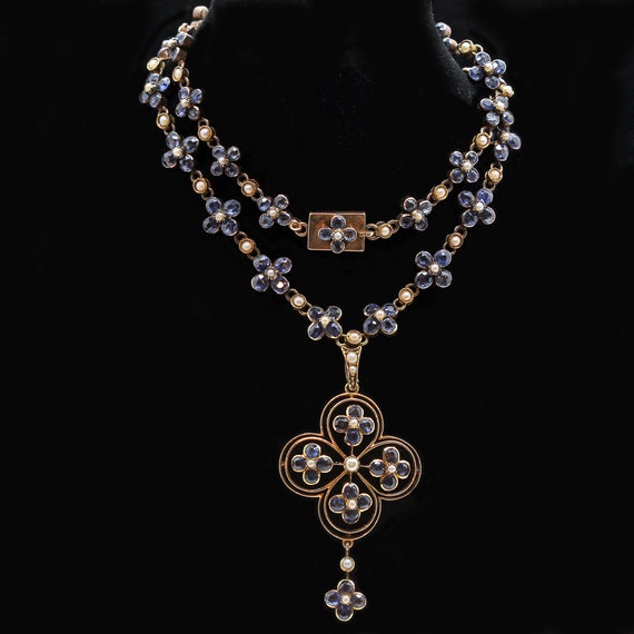 Antique Edwardian Necklace Removable Pendant Sapphires Pearls | Etsy