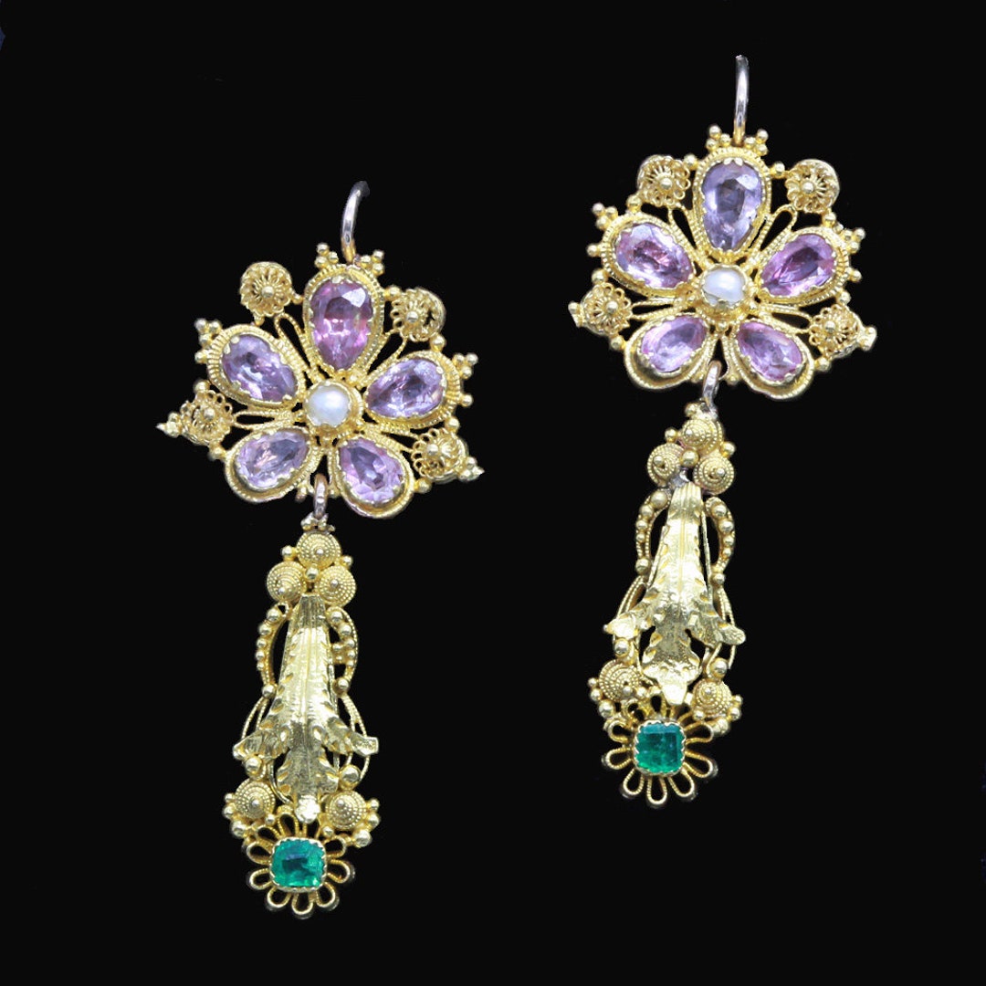 Antique Georgian Earrings 15ct Gold Emeralds Amethysts Pearls - Etsy