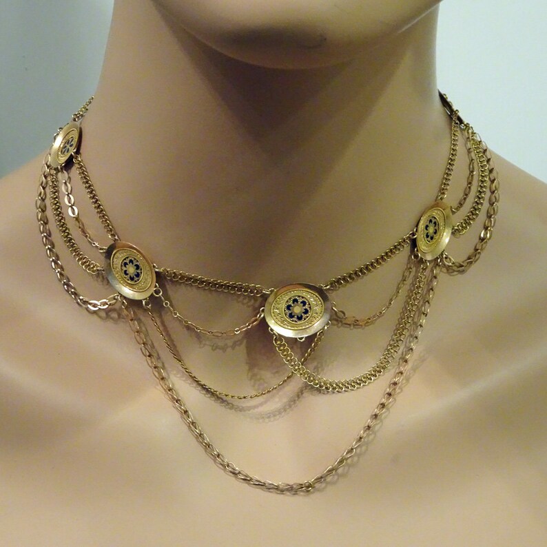 Antique Necklace 18k Gold Swags Engraved Enamel Etsy