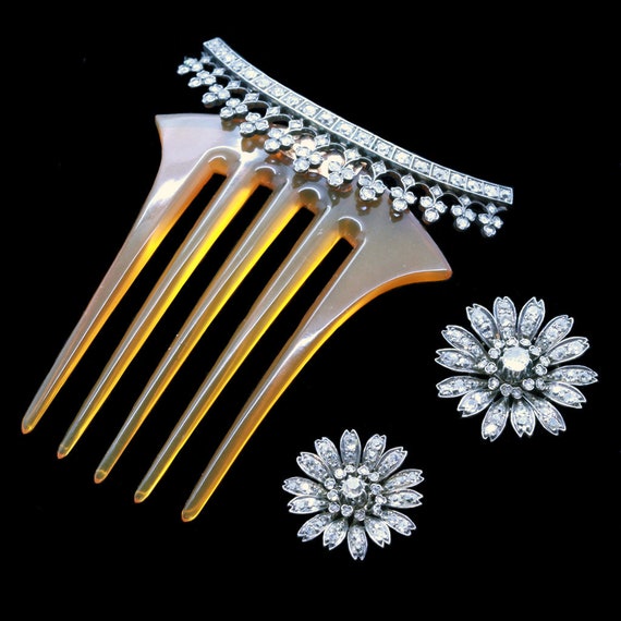 VINTAGE 1930s FAUX TORTOISESHELL Celluloid Glass Diamond Paste Two Pronged hair Comb Bridal Estate Jewellery