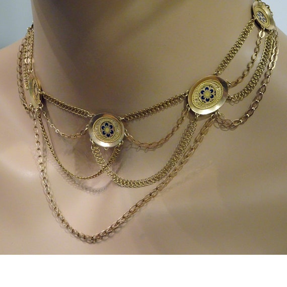 Antique Necklace 18k Gold Swags Engraved Ena… Gem