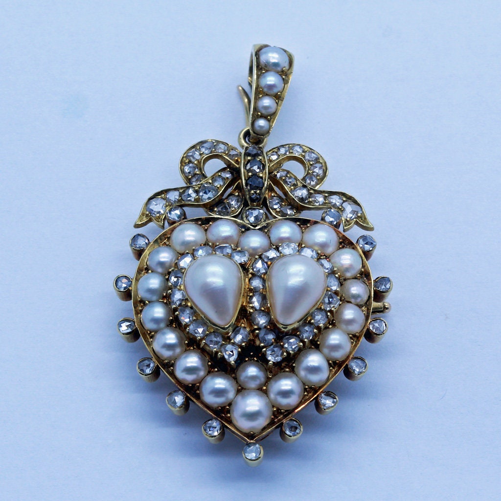 Antique Pendant Brooch 18k Gold Pearls Diamond Heart Romantic - Etsy