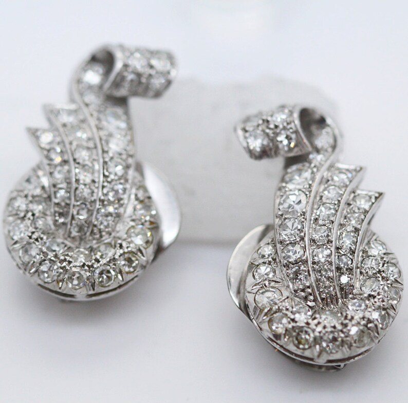 Antique Art Deco Earrings Platinum Diamond Silver Clips French - Etsy